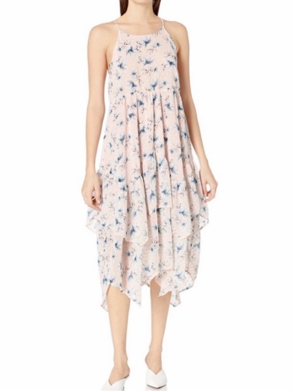 Anthropologie Moon River Swiss Dot Floral Tiered High-Low Midi Dress Pink BlueXS